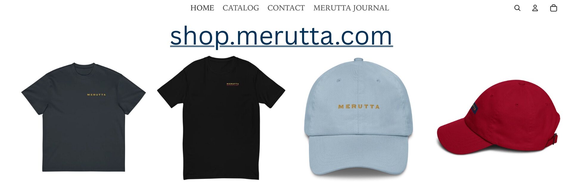 Merutta — minimalist fashion collection of signature T-shirts and embroidered caps.